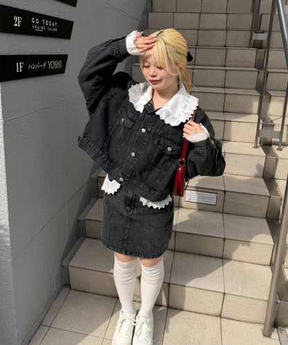 蕾絲可拆卸 前口袋蕾絲 A字半身裙