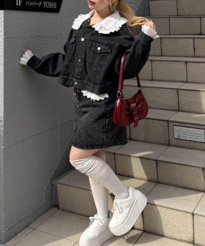 蕾絲可拆卸 前口袋蕾絲 A字半身裙