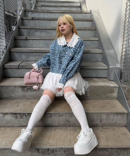 蕾絲可拆卸 大翻領 牛仔外套 【RMAF】 (Note: 英文/字母 RMAF 原樣保留)