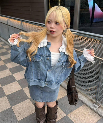 蕾絲可拆卸 前口袋蕾絲 A字半身裙