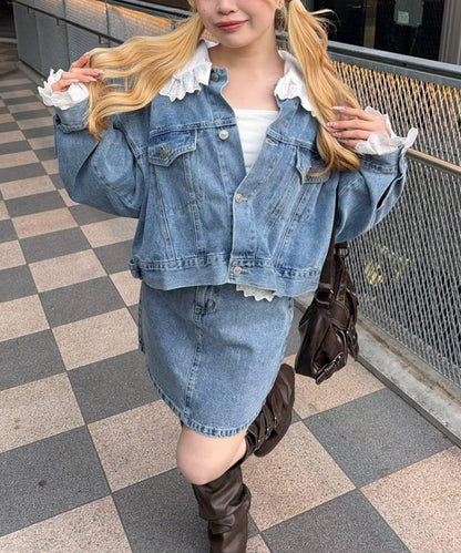 蕾絲可拆卸 大翻領 牛仔外套 【RMAF】 (Note: 英文/字母 RMAF 原樣保留)