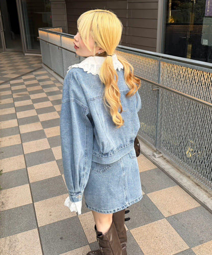 蕾絲可拆卸 大翻領 牛仔外套 【RMAF】 (Note: 英文/字母 RMAF 原樣保留)