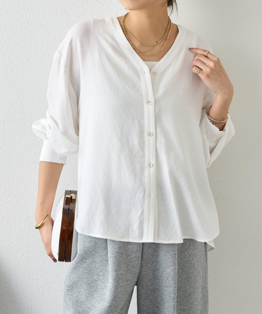 仿亞麻V領襯衫