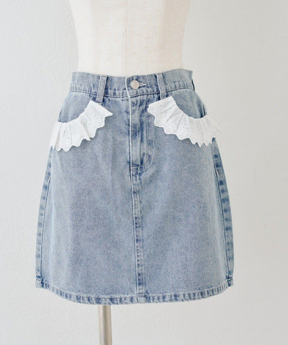 蕾絲可拆卸 前口袋蕾絲 A字半身裙