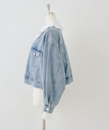 蕾絲可拆卸 大翻領 牛仔外套 【RMAF】 (Note: 英文/字母 RMAF 原樣保留)