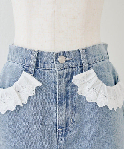 蕾絲可拆卸 前口袋蕾絲 A字半身裙