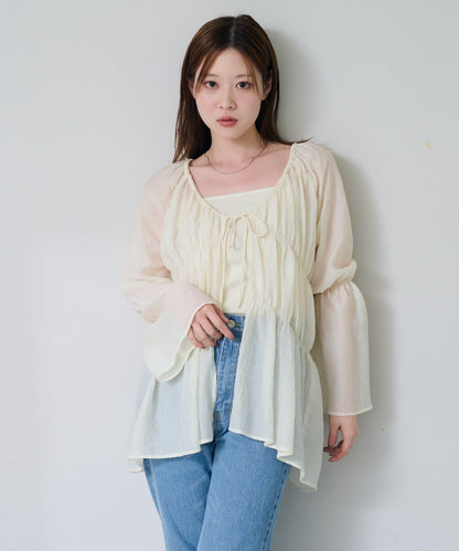 S.M尺碼可選 抽褶透紗 襯衫