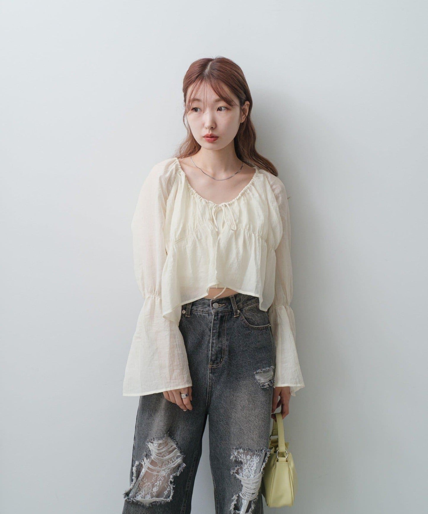 S.M尺碼可選 抽褶透紗 襯衫