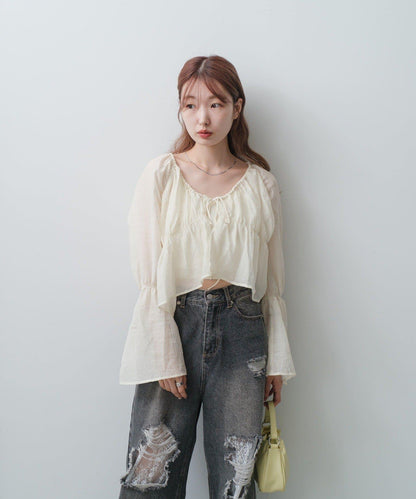 S.M尺碼可選 抽褶透紗 襯衫