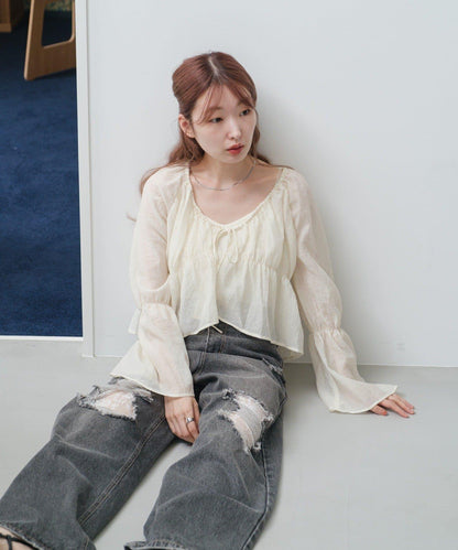 S.M尺碼可選 抽褶透紗 襯衫