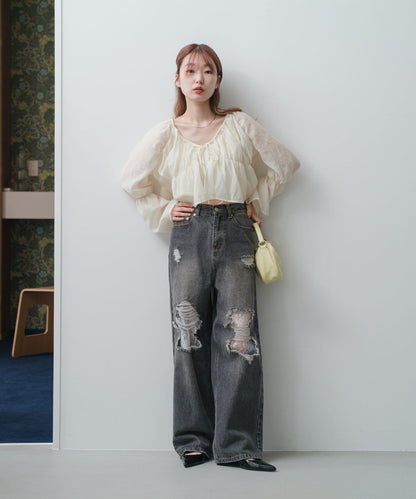 S.M尺碼可選 抽褶透紗 襯衫