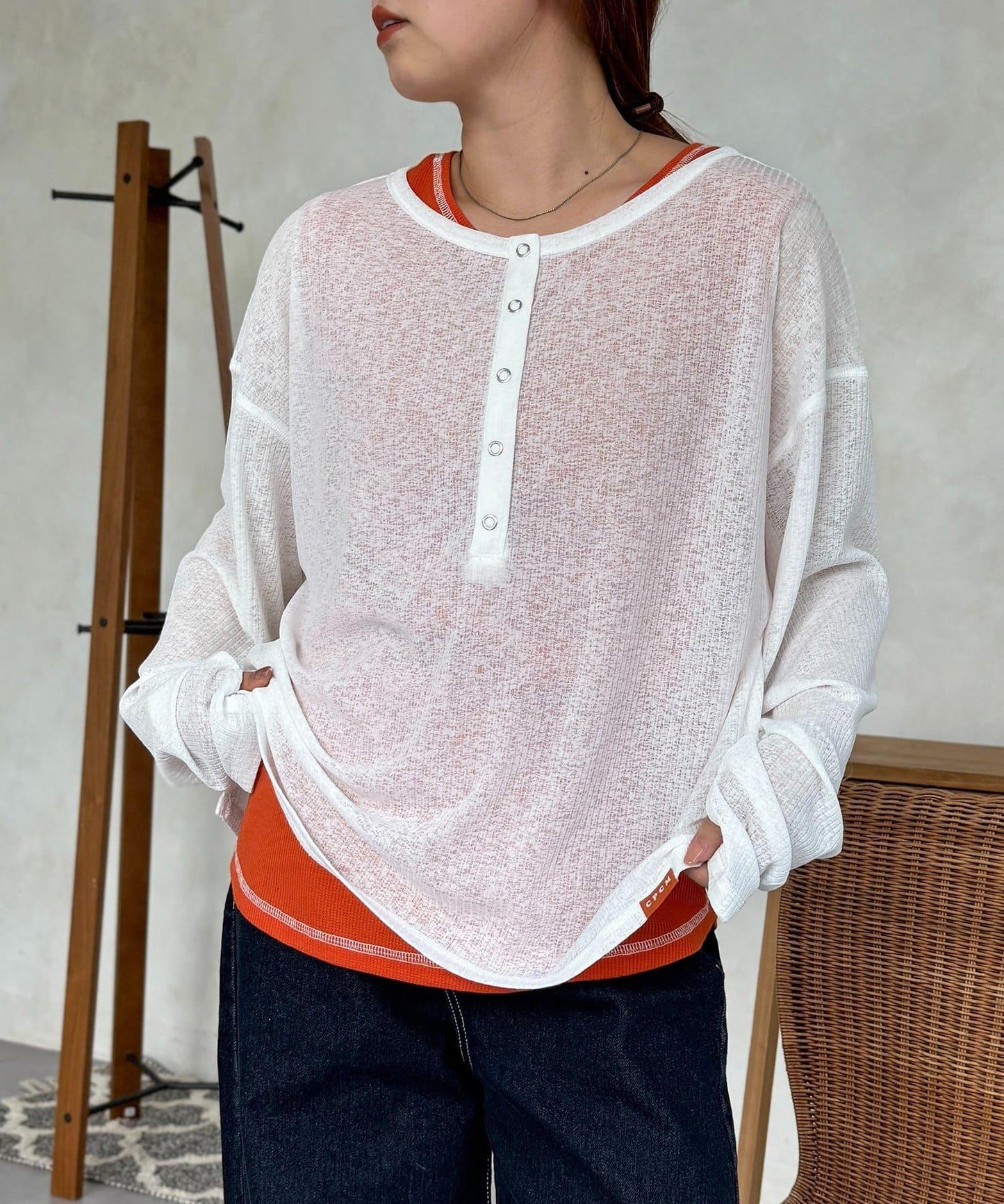 透視Henley設計背心套裝長袖T恤