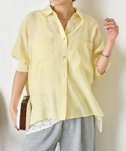 後弧形抽褶設計襯衫