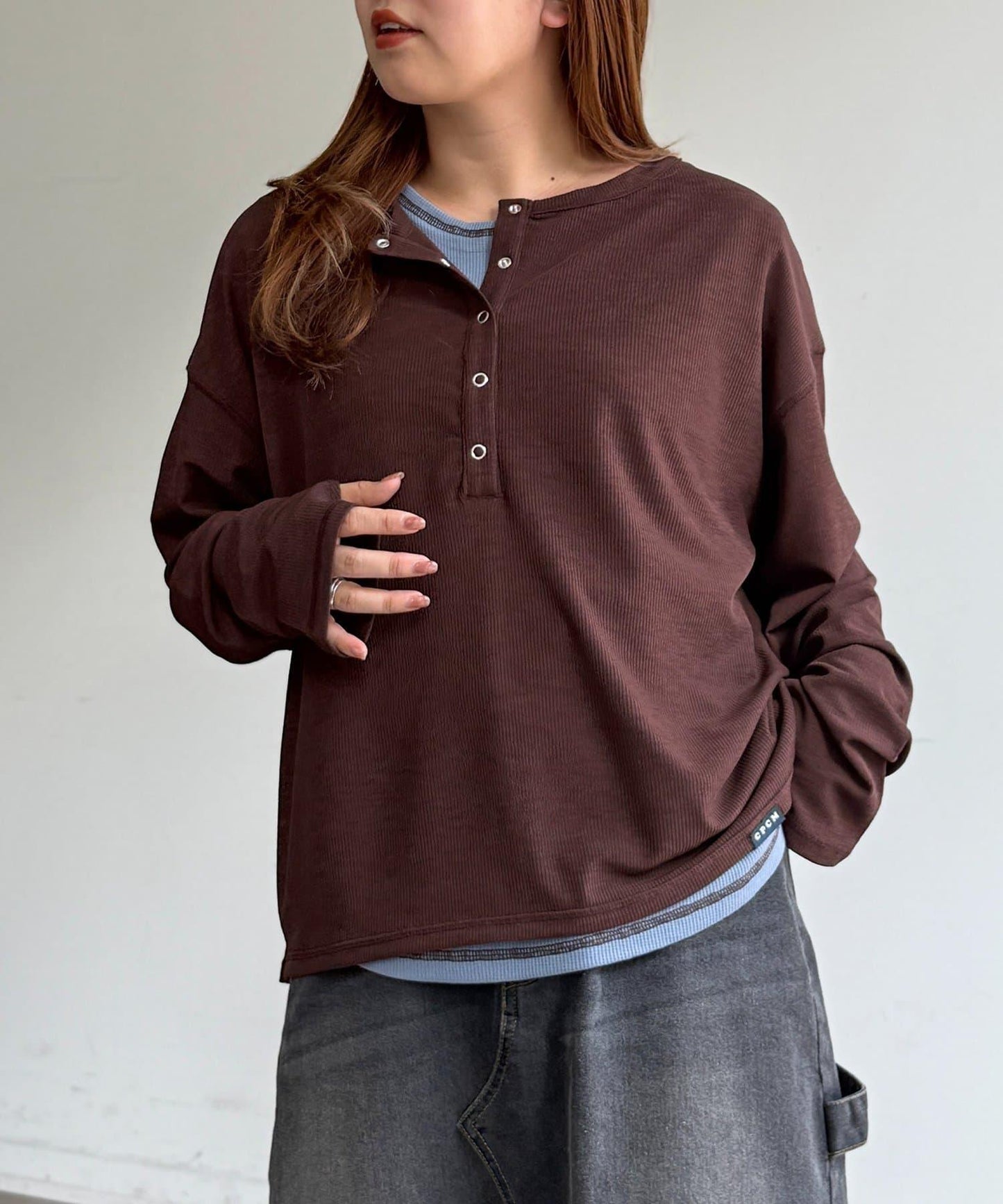 透視Henley設計背心套裝長袖T恤