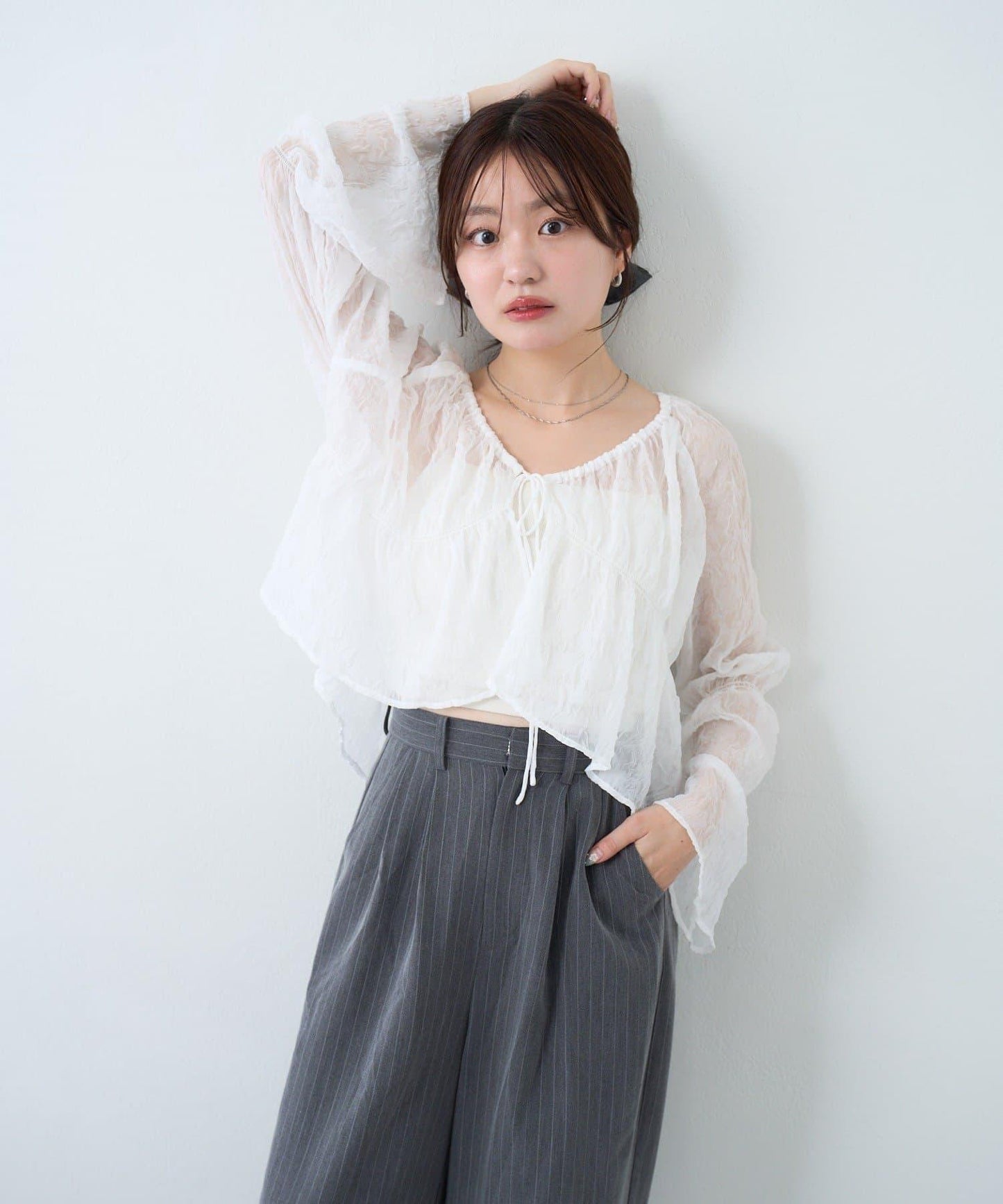 S.M尺碼可選 抽褶透紗 襯衫