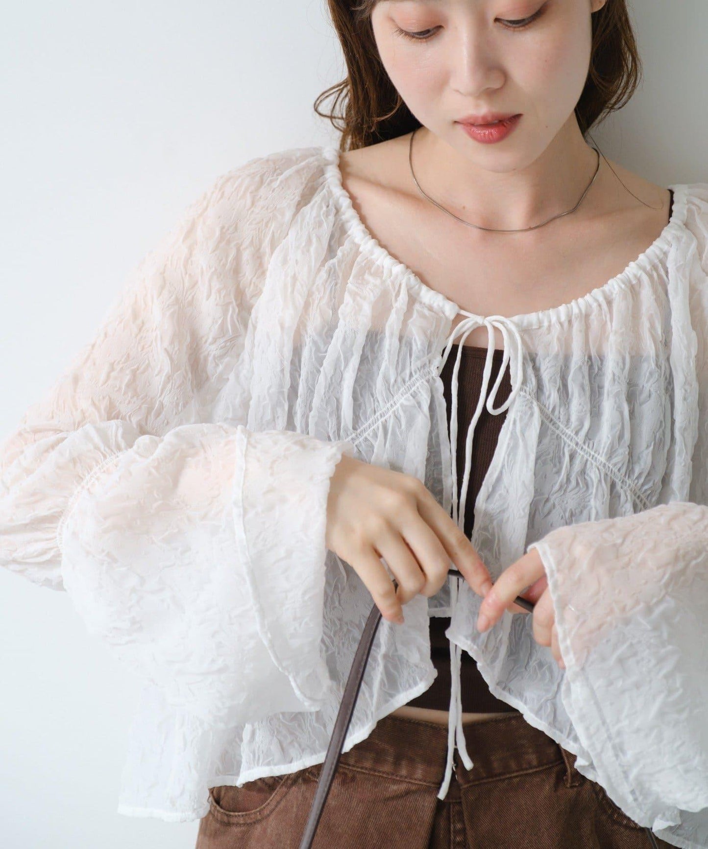 S.M尺碼可選 抽褶透紗 襯衫