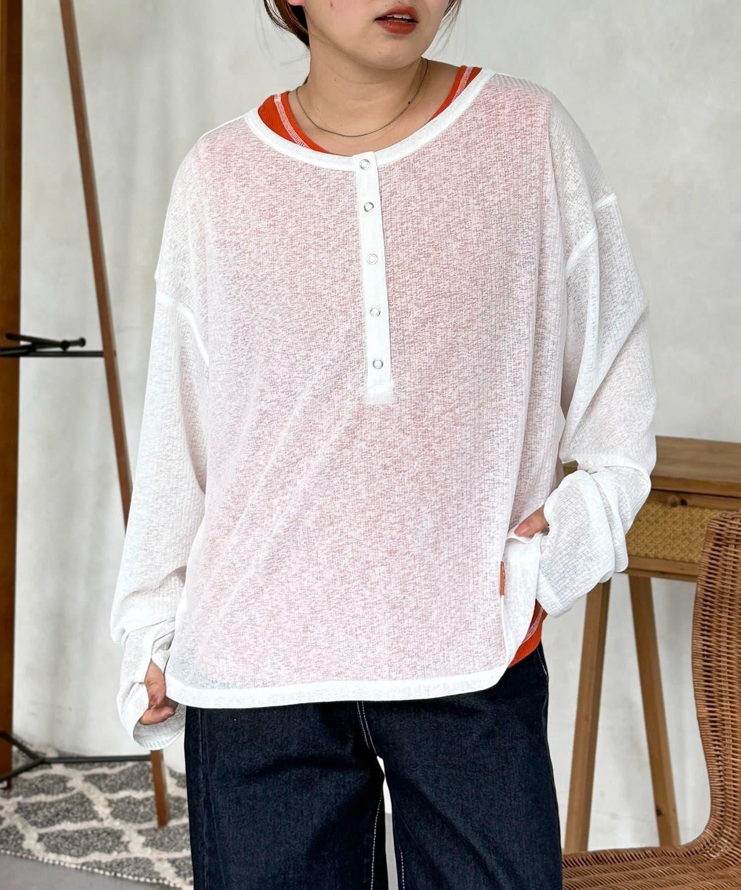 透視Henley設計背心套裝長袖T恤