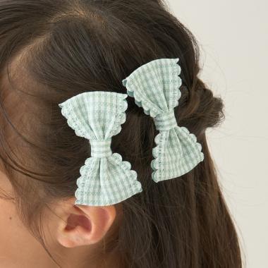 荷葉邊格紋蝴蝶結髮夾 2件套