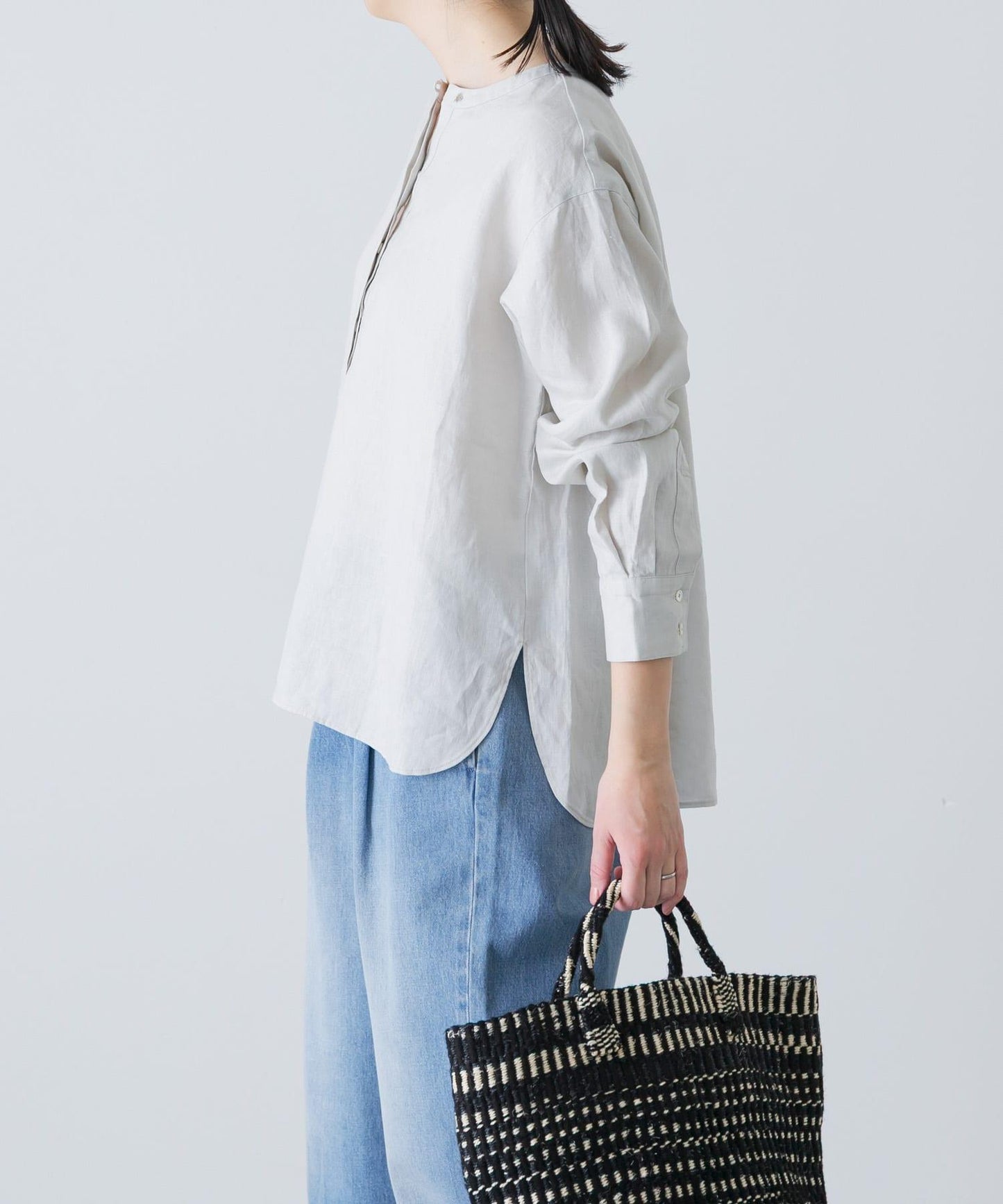 亨利領 寬鬆版型 亞麻襯衫