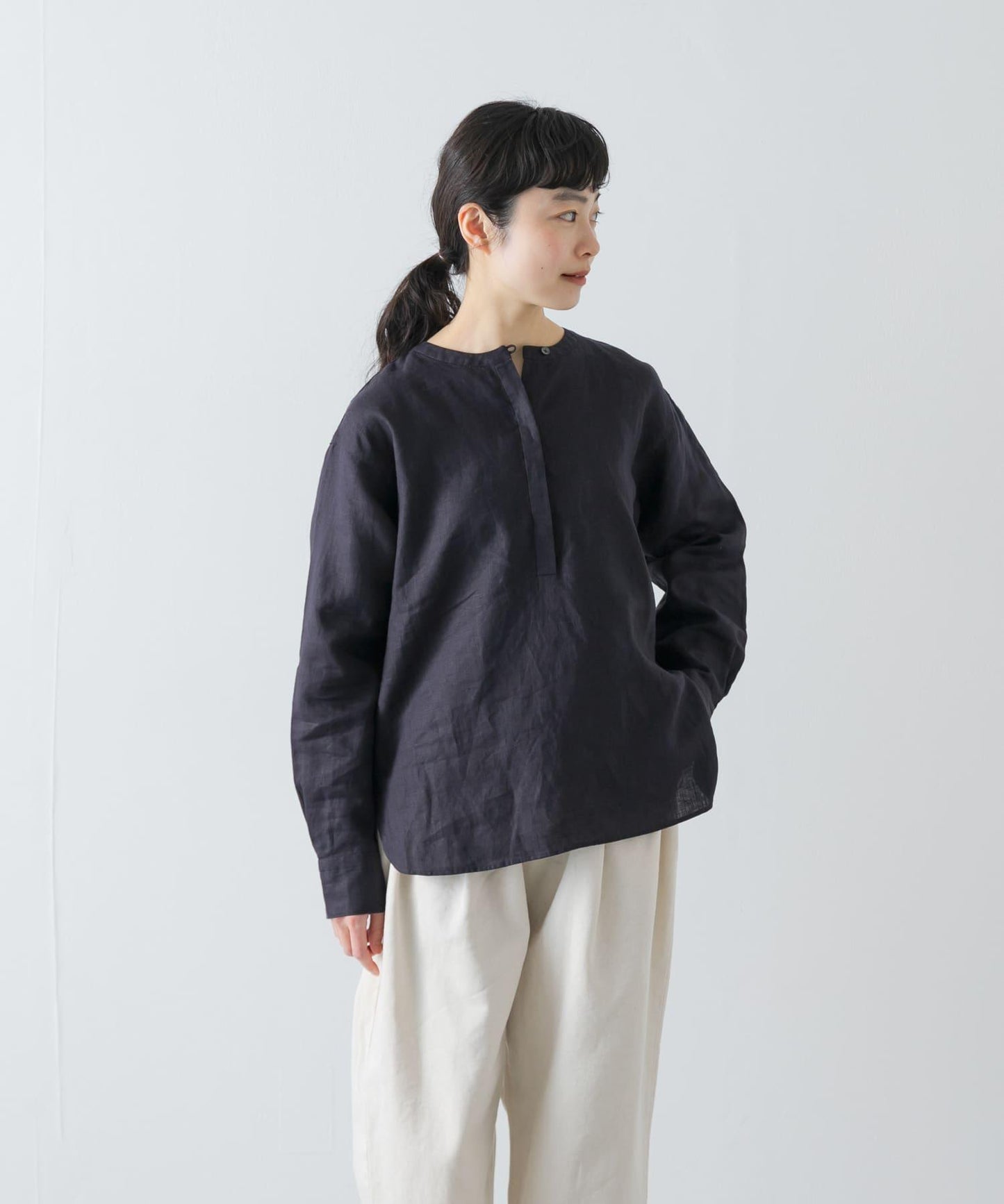 亨利領 寬鬆版型 亞麻襯衫