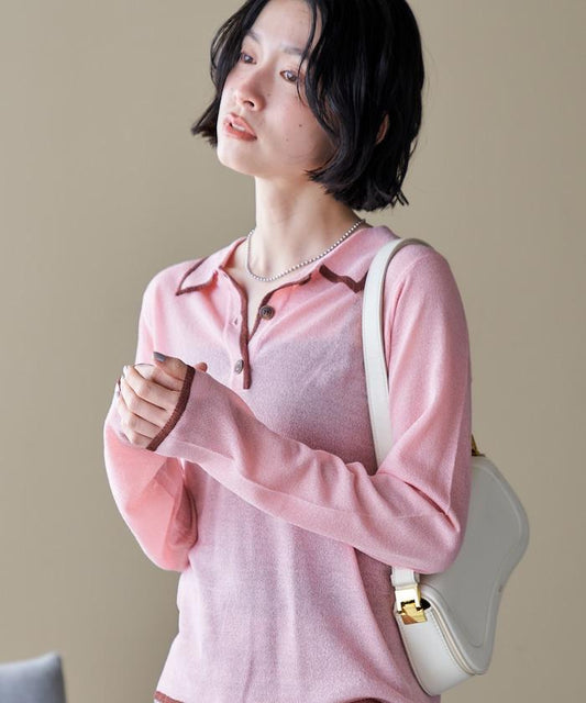 透肌感配色滾邊Polo領針織上衣