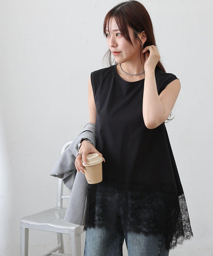 蕾絲下襬 不規則下襬 無袖 套頭上衣