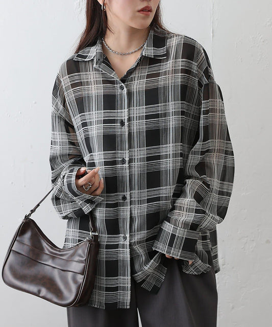 輕薄透感寬鬆格子襯衫