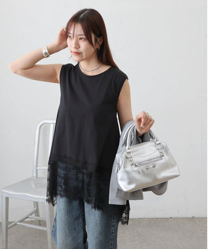 蕾絲下襬 不規則下襬 無袖 套頭上衣