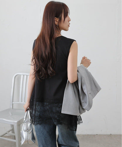 蕾絲下襬 不規則下襬 無袖 套頭上衣