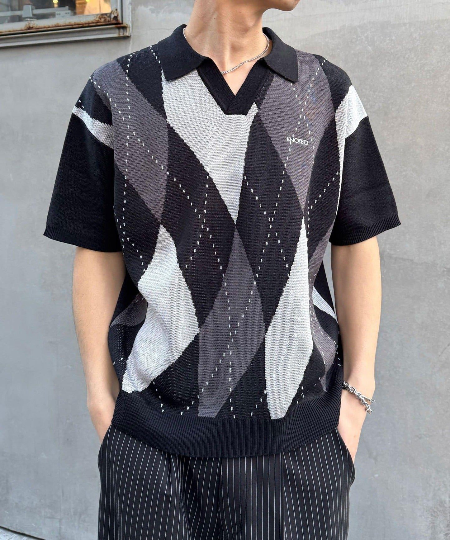 菱形格開領夏季針織POLO衫