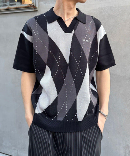 菱形格開領夏季針織POLO衫