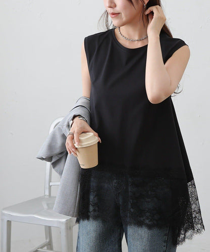 蕾絲下襬 不規則下襬 無袖 套頭上衣