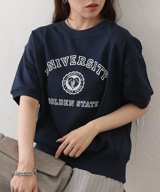 輕薄毛圈短袖學院印花套頭衛衣