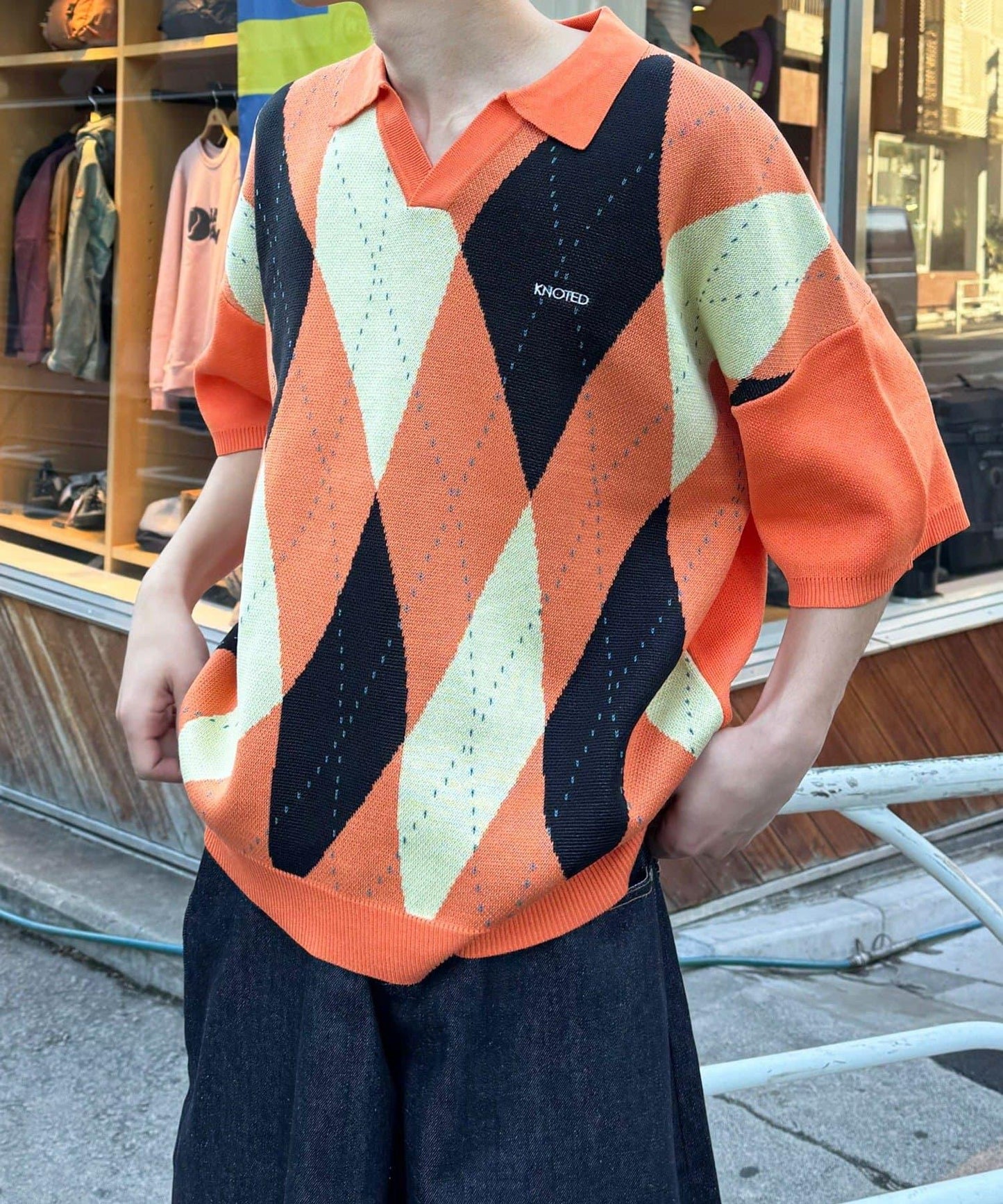 菱形格開領夏季針織POLO衫