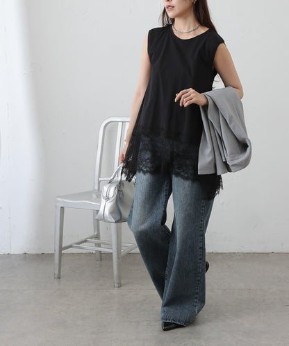 蕾絲下襬 不規則下襬 無袖 套頭上衣