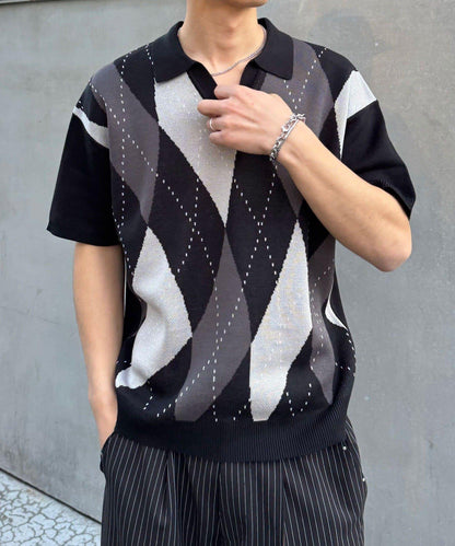 菱形格開領夏季針織POLO衫