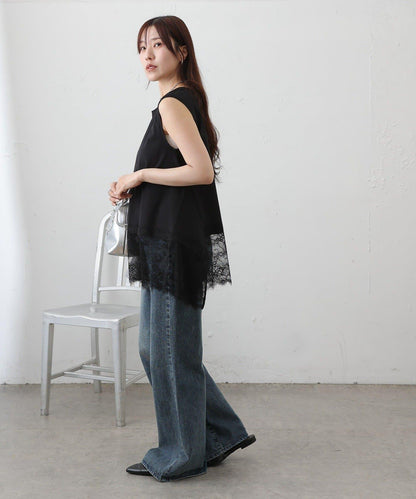 蕾絲下襬 不規則下襬 無袖 套頭上衣