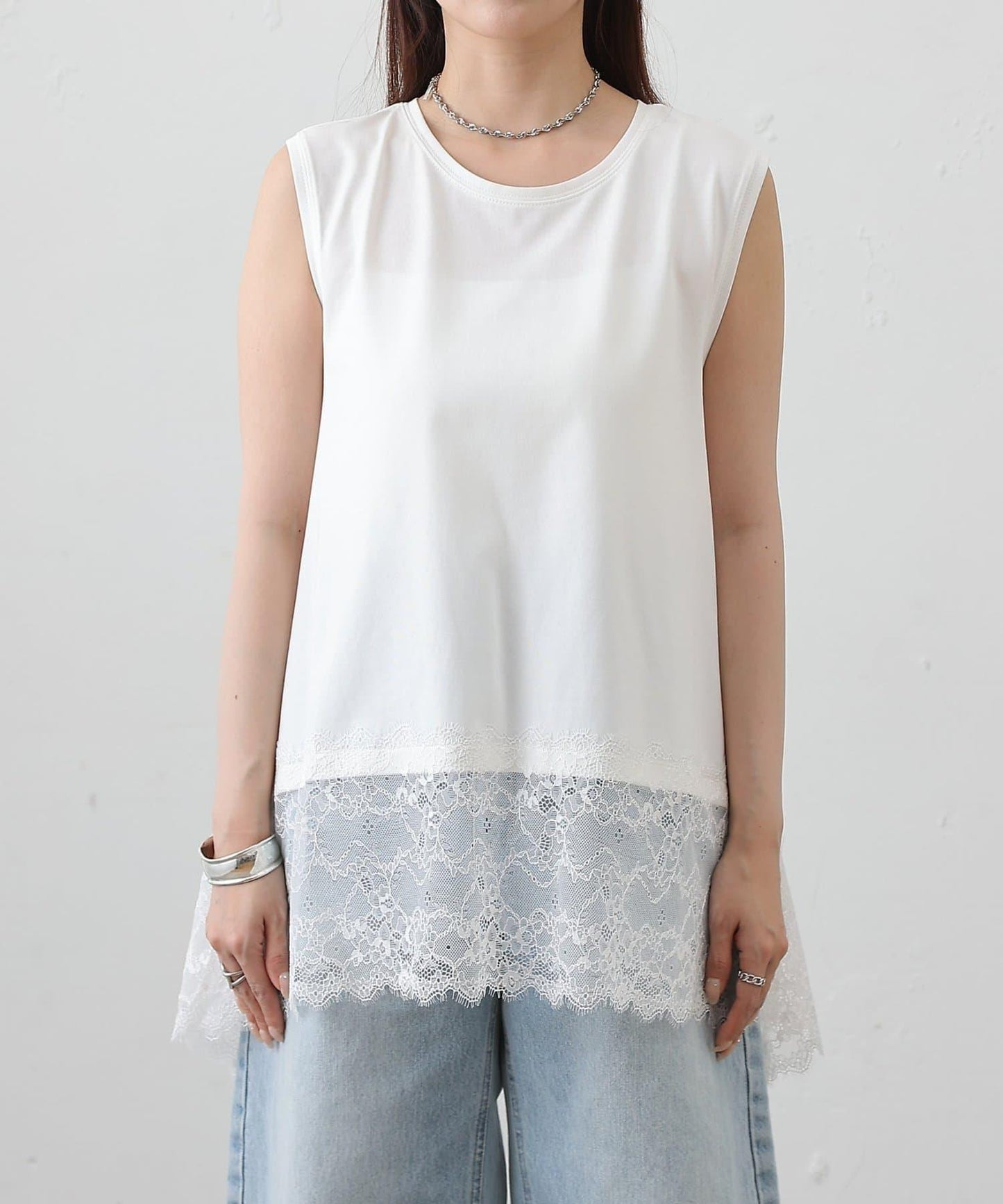 蕾絲下襬 不規則下襬 無袖 套頭上衣