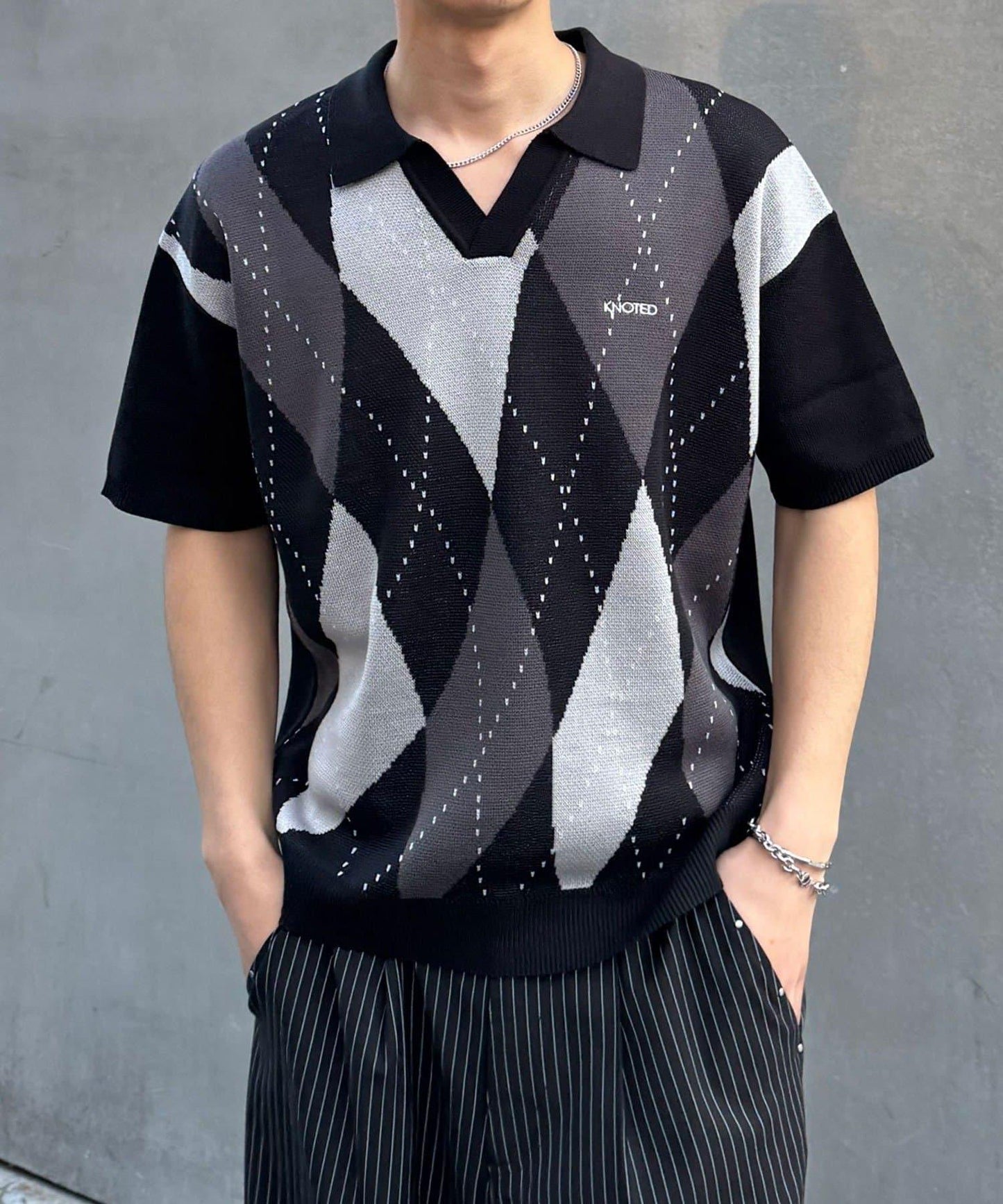 菱形格開領夏季針織POLO衫