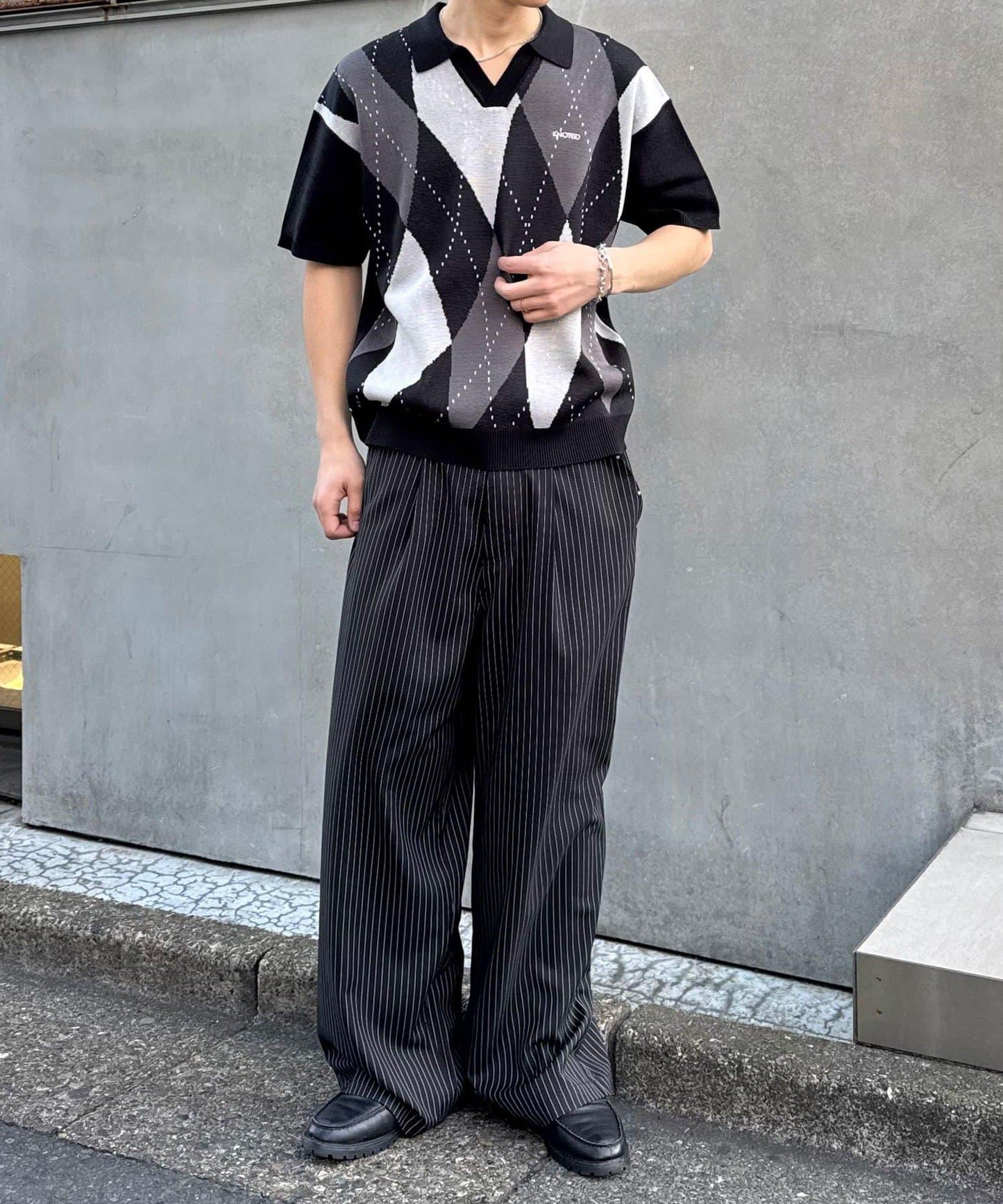 菱形格開領夏季針織POLO衫