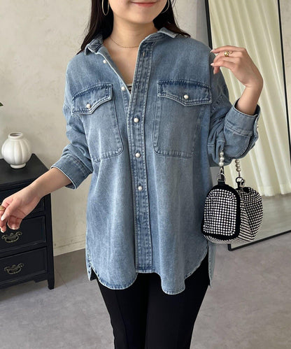 珍珠紐扣 寬鬆廓形 牛仔襯衫