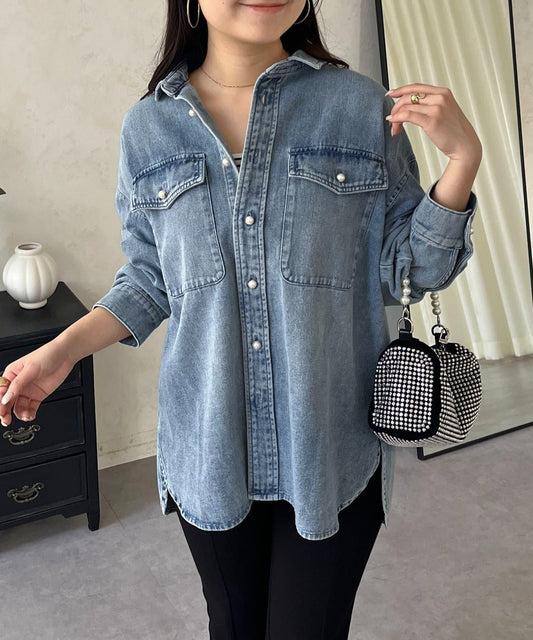 珍珠紐扣 寬鬆廓形 牛仔襯衫