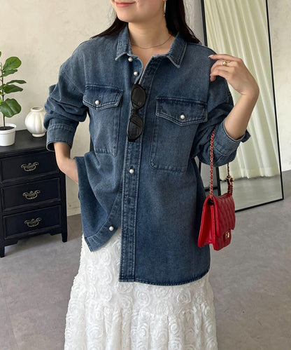 珍珠紐扣 寬鬆廓形 牛仔襯衫