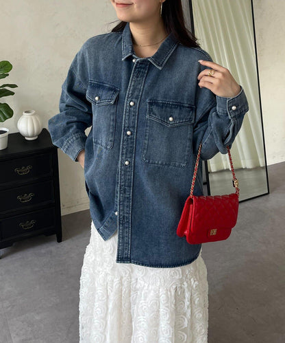 珍珠紐扣 寬鬆廓形 牛仔襯衫