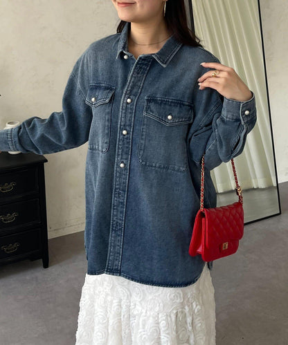 珍珠紐扣 寬鬆廓形 牛仔襯衫