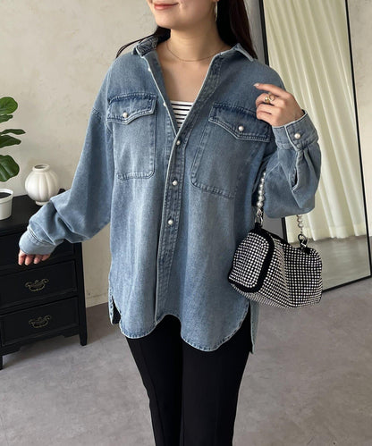 珍珠紐扣 寬鬆廓形 牛仔襯衫