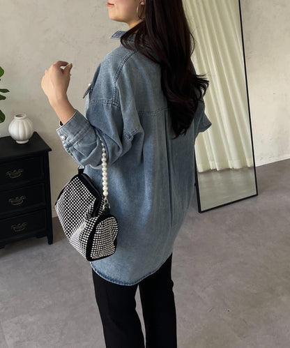 珍珠紐扣 寬鬆廓形 牛仔襯衫