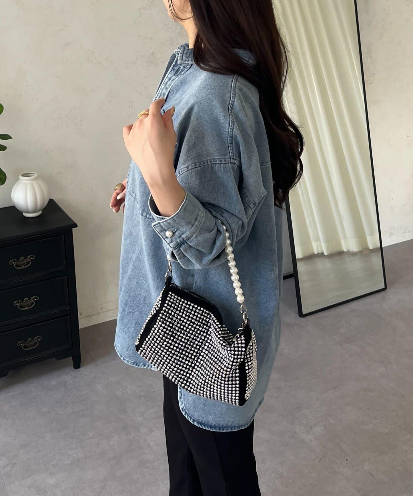 珍珠紐扣 寬鬆廓形 牛仔襯衫