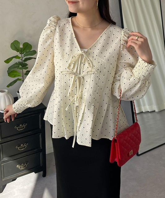 前蝴蝶結褶襉波點荷葉下襬上衣