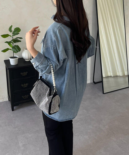 珍珠紐扣 寬鬆廓形 牛仔襯衫